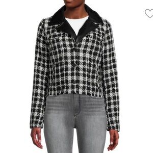 Karl Lagerfeld Paris Faux Leather Collar Tweed Jacket Black‎ White XL